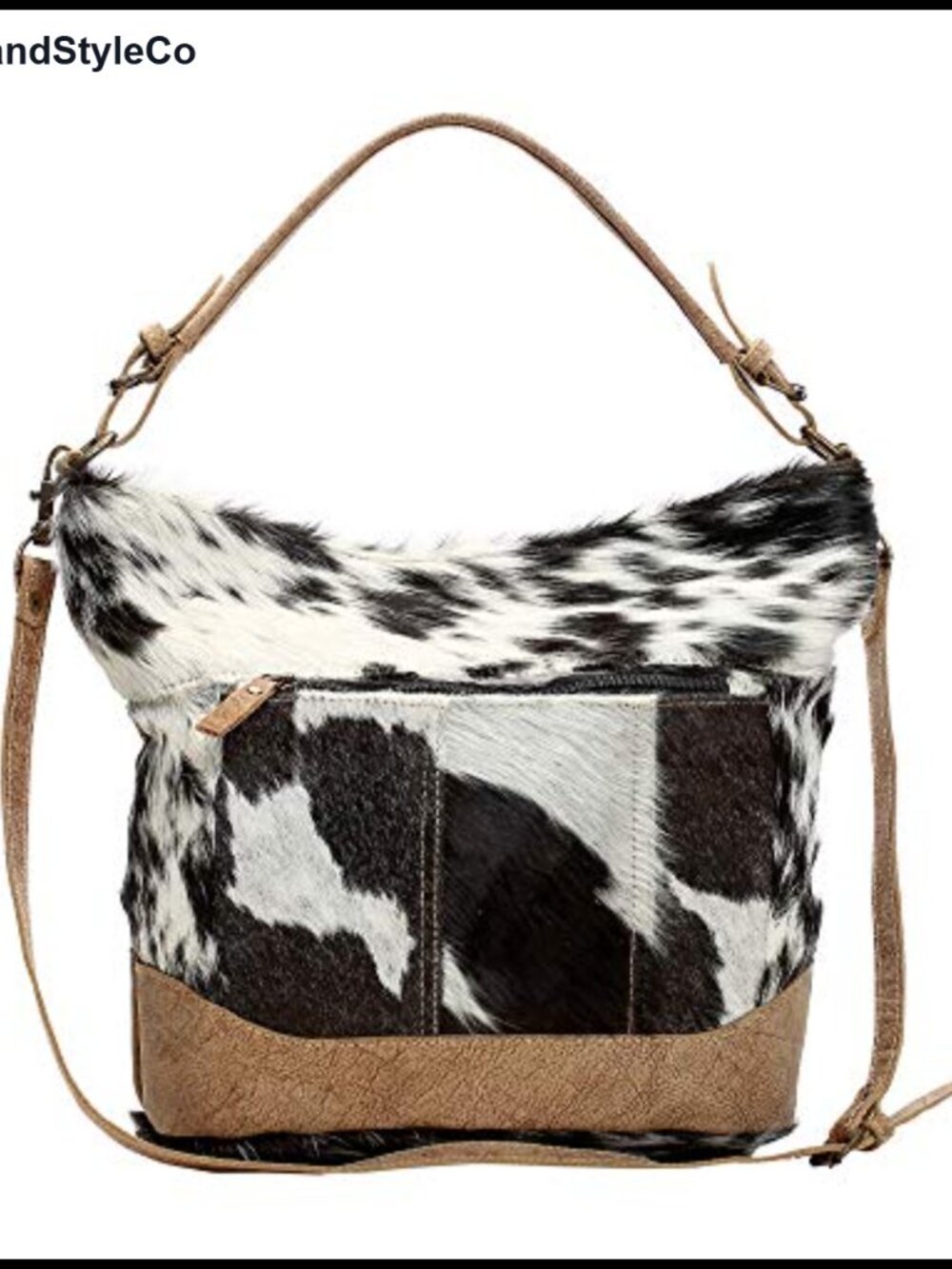 Cow Print Canvas and Hairon Shoulder Bag with Leather Strap Western Purse